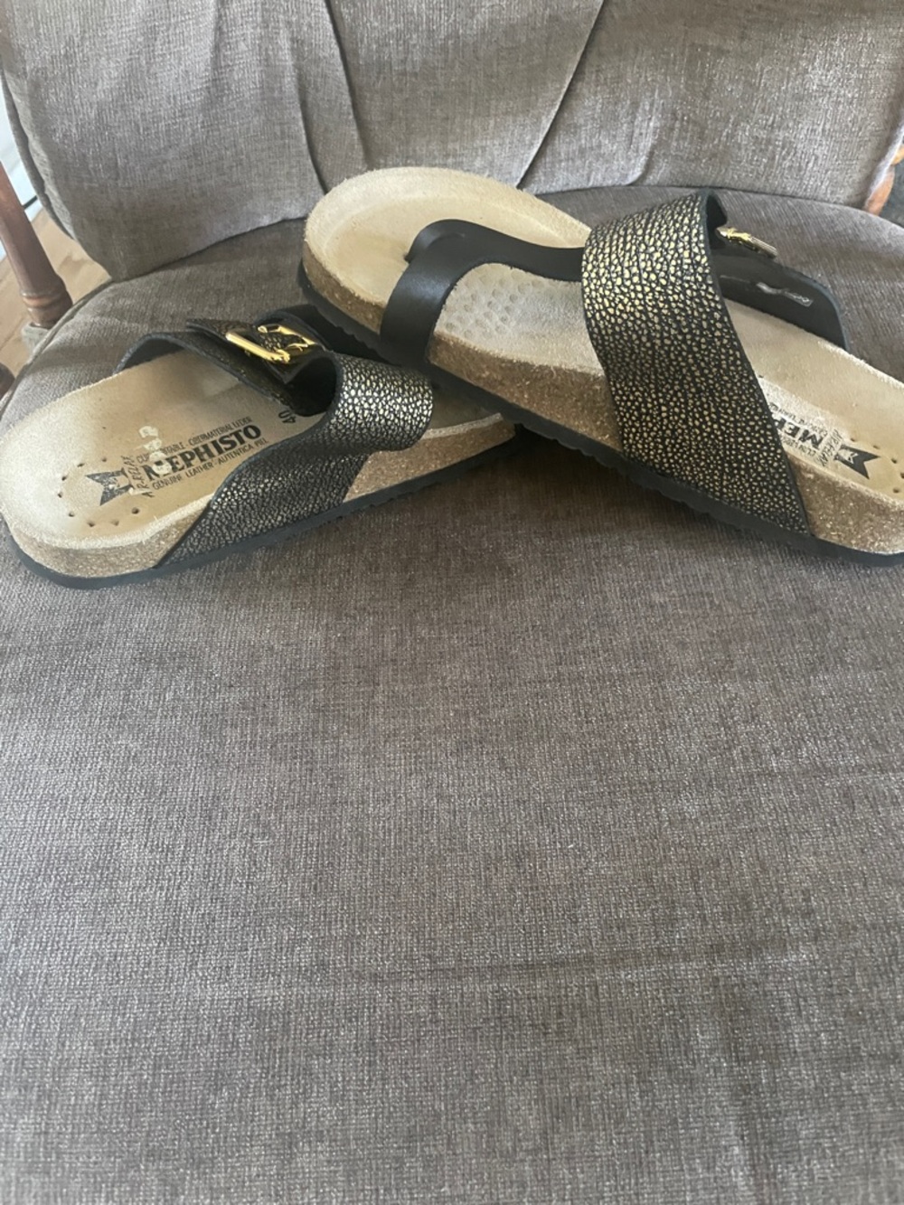 Mephisto Black Gold Accent Cork Slide Sandals